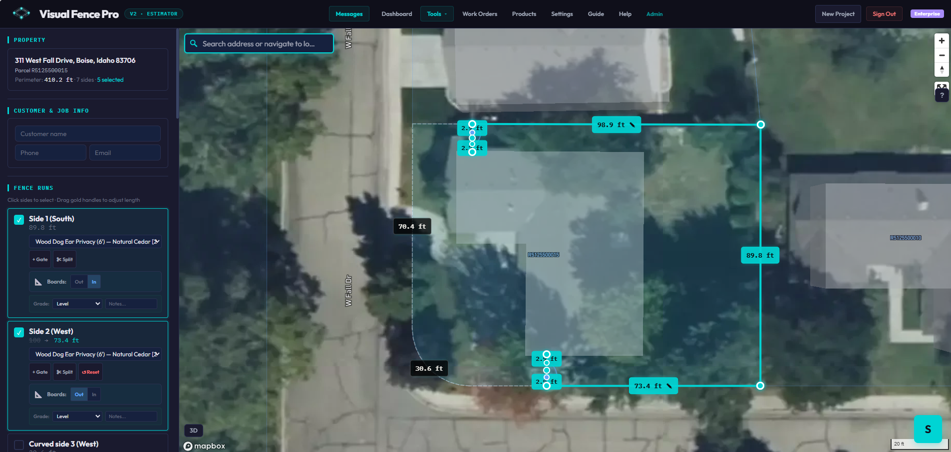 Satellite fence estimating: a real property on a satellite map with fence lines traced on each side, per-side footage labels, and the sidebar listing the fence runs and customer info